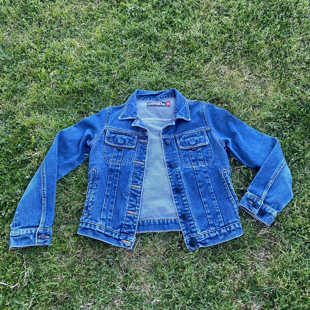 Vintage Quicksilver Roxy Jean Jacket Small Blue Cropped Demin Button Up Pockets
